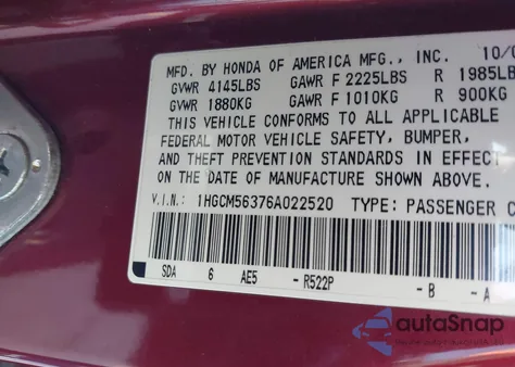 2006 Honda Accord 2.4 Se z USA, uszkodzony, nr VIN 1HGCM56376A022520